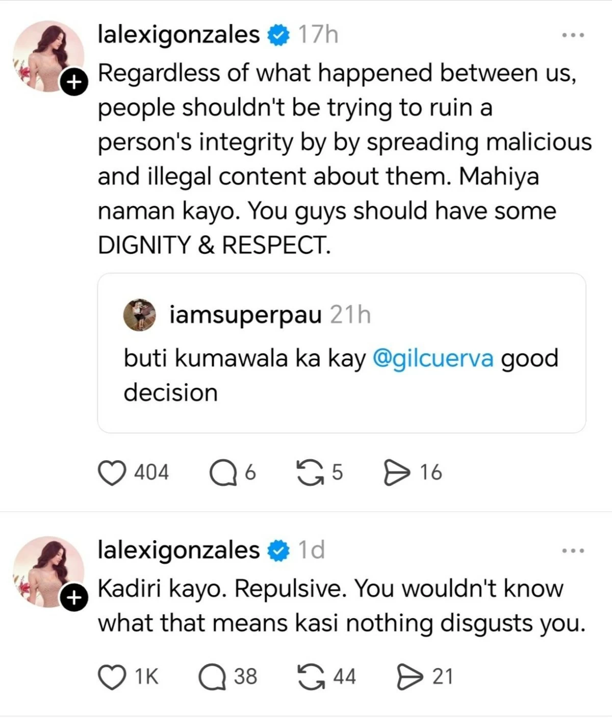 Lexi Gonzales Tweet in response to a nitezen on latest gil cuerva scandal