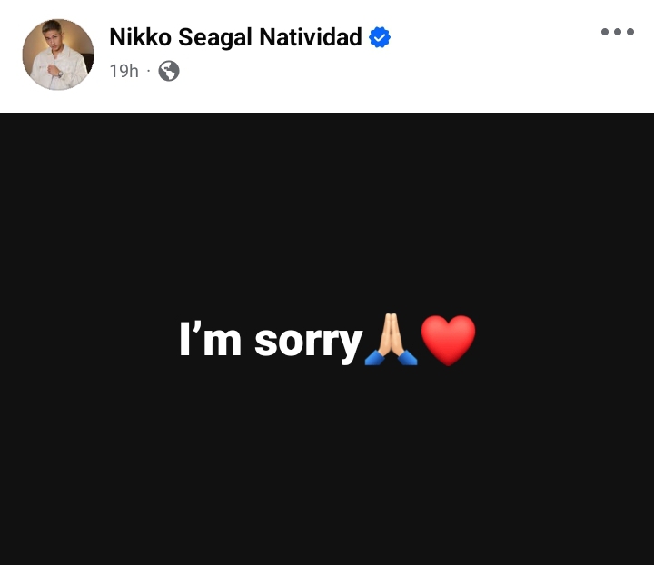 Nikko Natividad Saying “I’m sorry,” followed by a folded-hands emoji and a red heart on Big 4 Video Scandal.